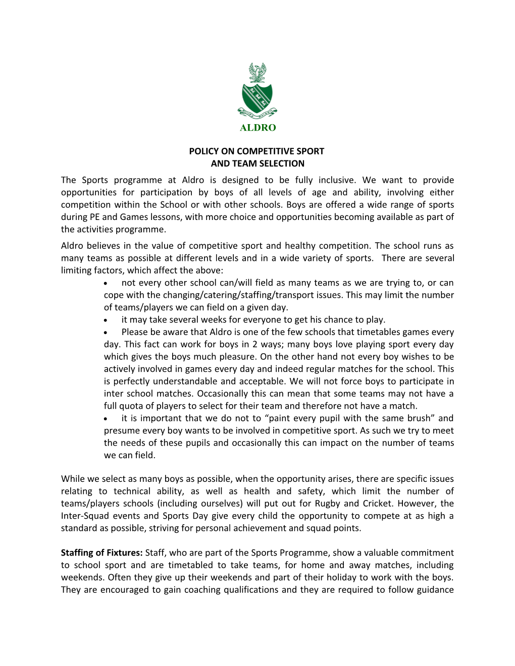 Policy on Competitive Sport