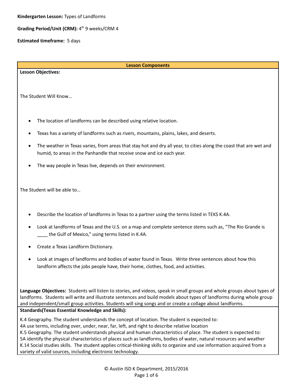 Kindergarten Lesson: Types of Landforms