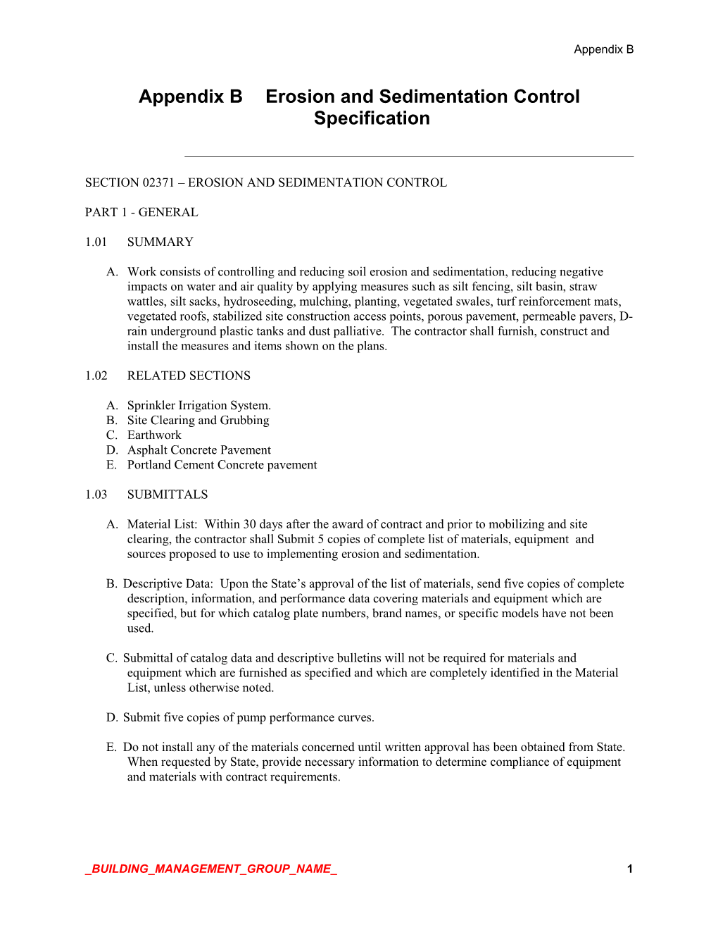 Appendix Berosion and Sedimentation Control Specification