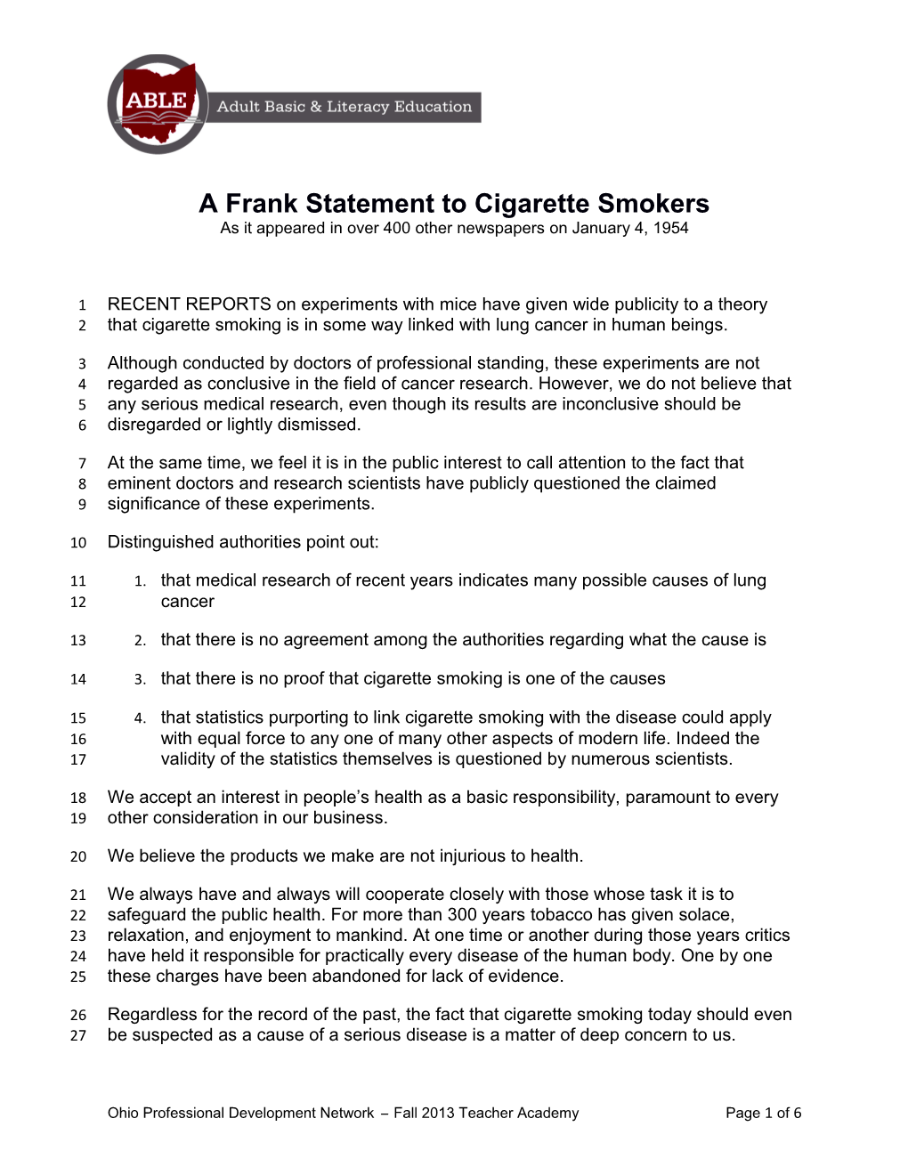 A Frank Statement to Cigarette Smokers