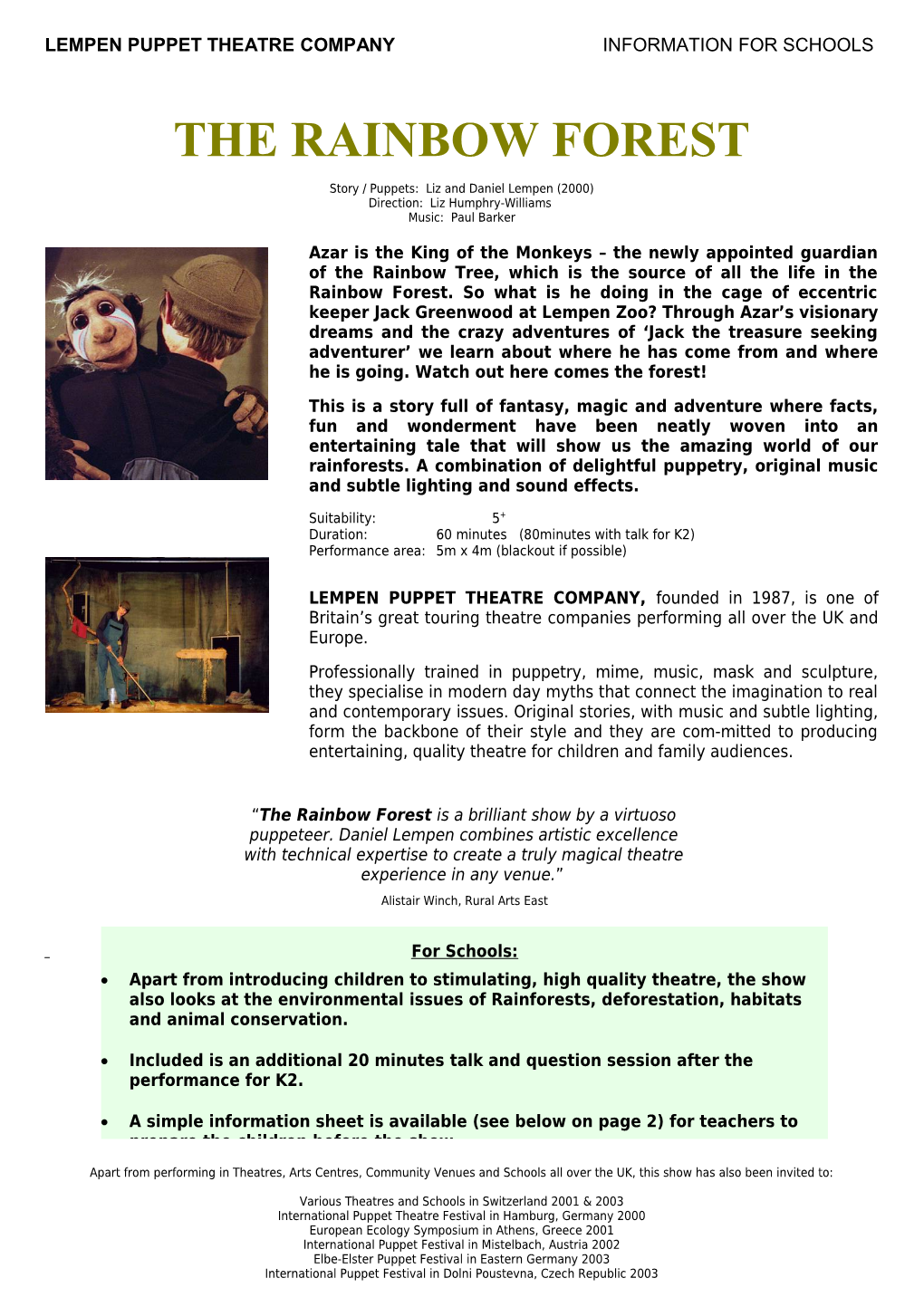 Lempen Puppet Theatre Company Information for Schools