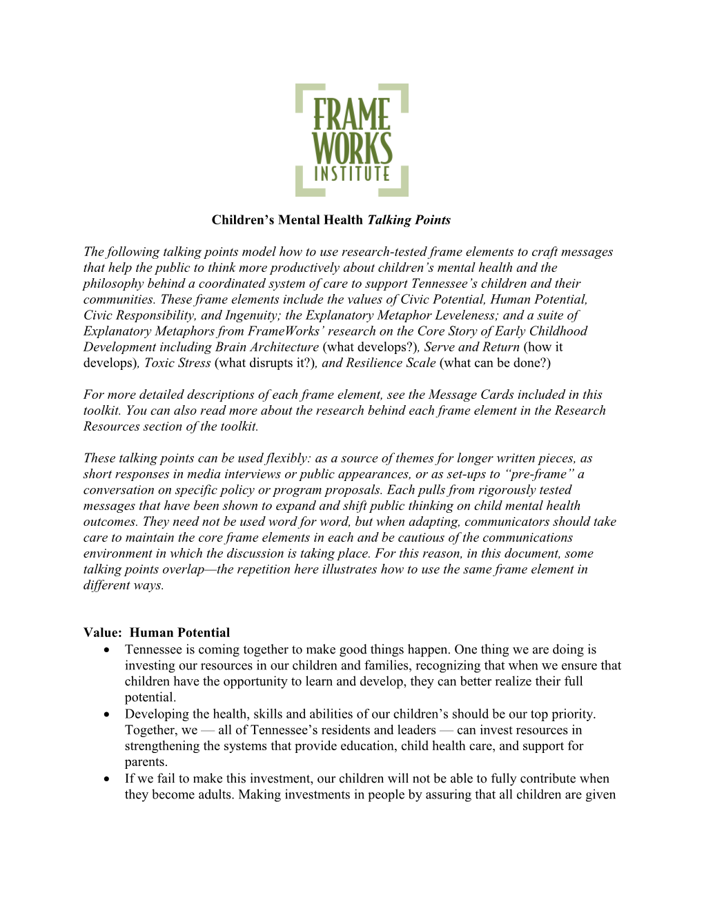 Children S Mental Health Talking Points