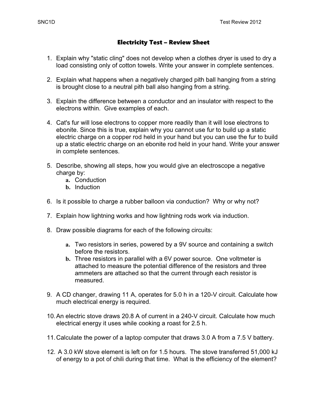 Electricity Test Review Sheet