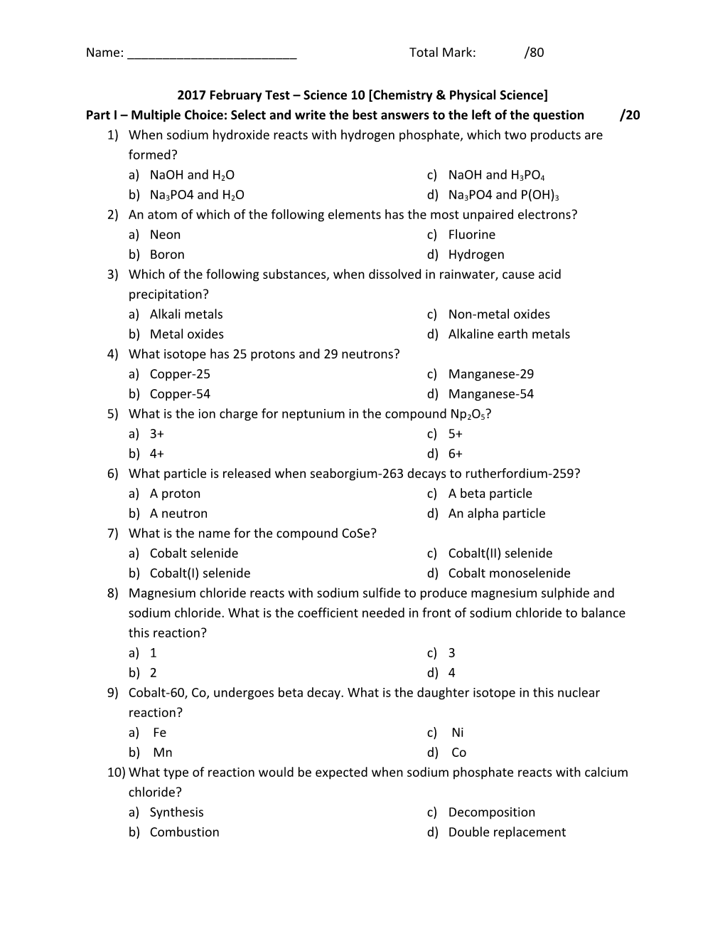 2017 February Test Science 10 Chemistry & Physical Science