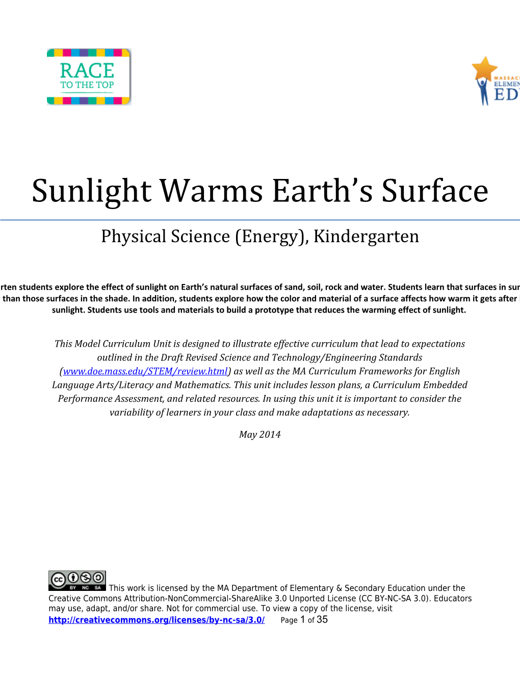 SCI Grade K Sunlight Warms Earth's Surface - Model Curriculum Unit
