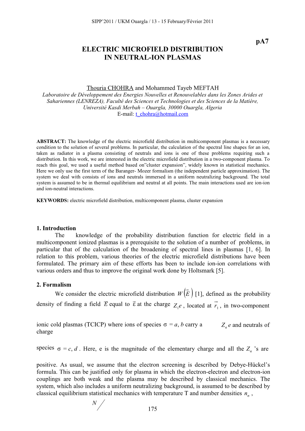 Electricmicrofielddistribution Inneutral-Ionplasmas