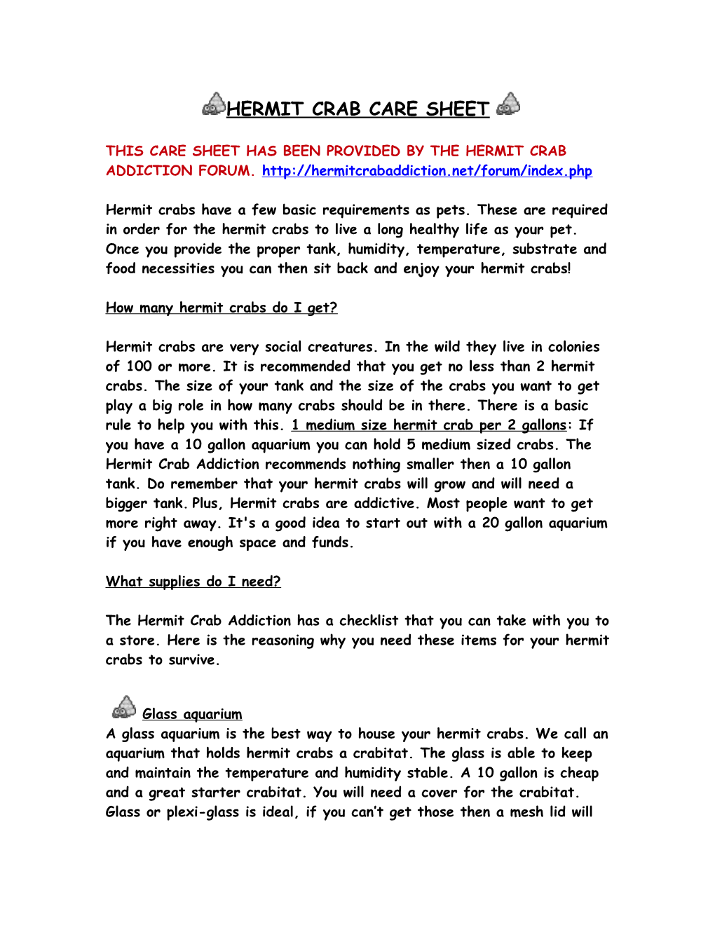 Hermit Crab Care Sheet