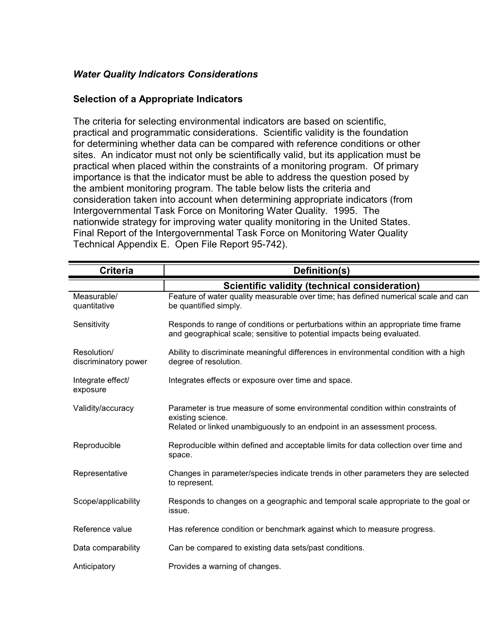 Water Quality Indicators Considerations