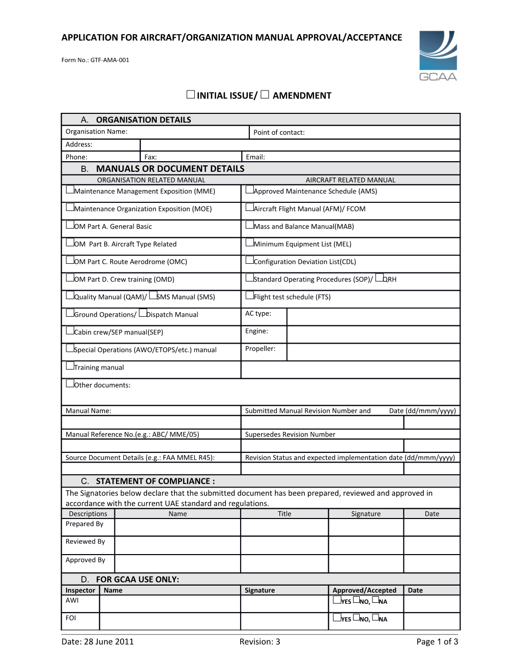 Application Foraircraft/Organizationmanual Approval/Acceptance