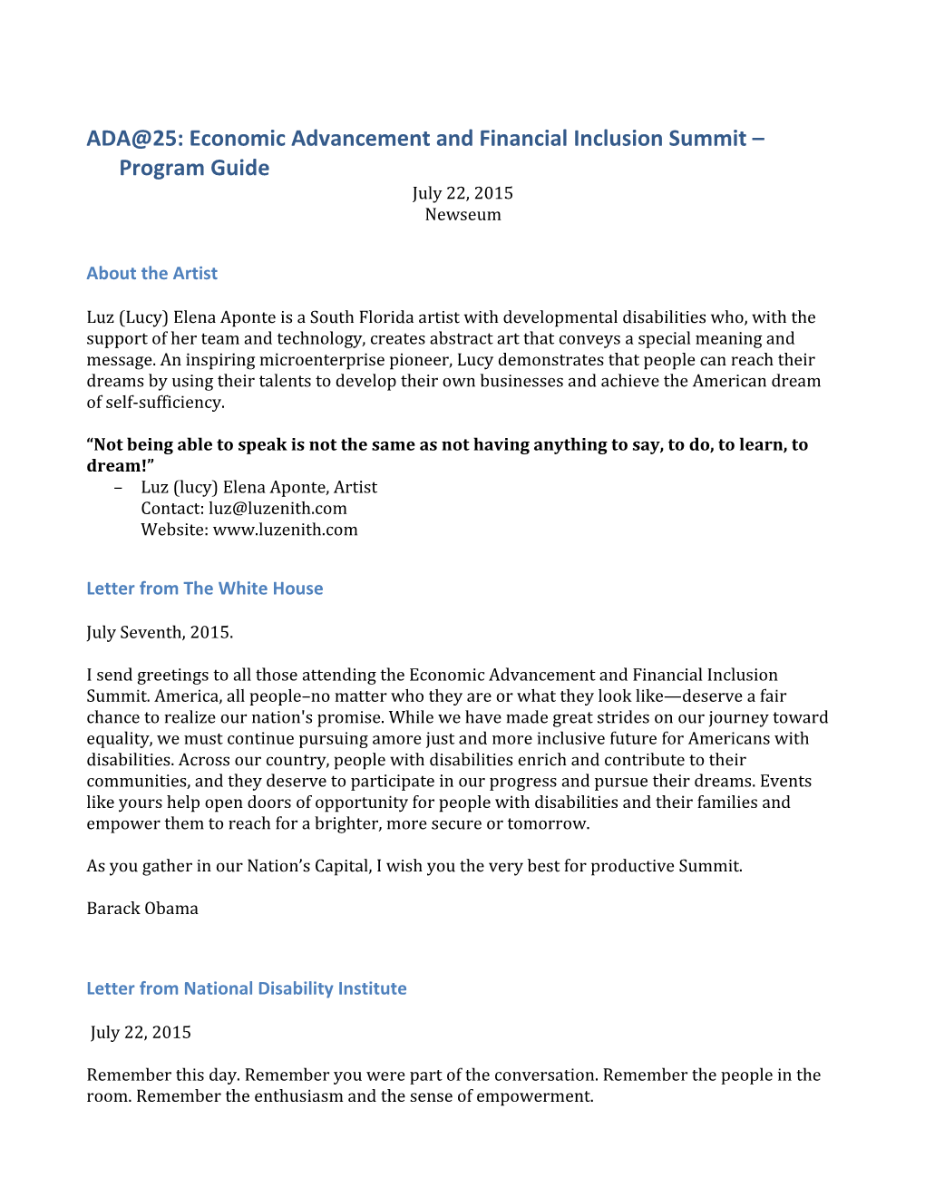 ADA 25: Economic Advancement and Financial Inclusion Summit Program Guide