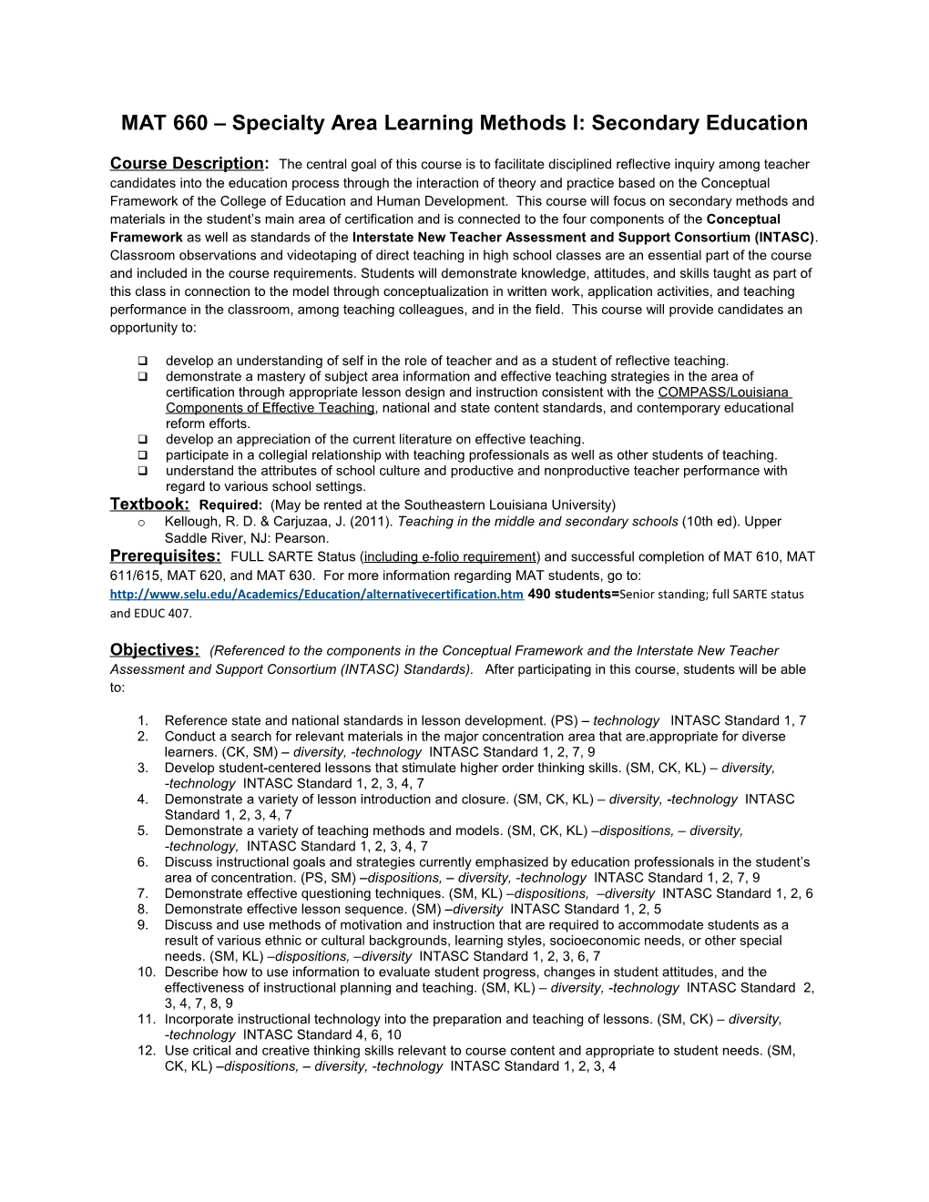 MAT 660 Specialty Area Learning Methods I: Secondary Education