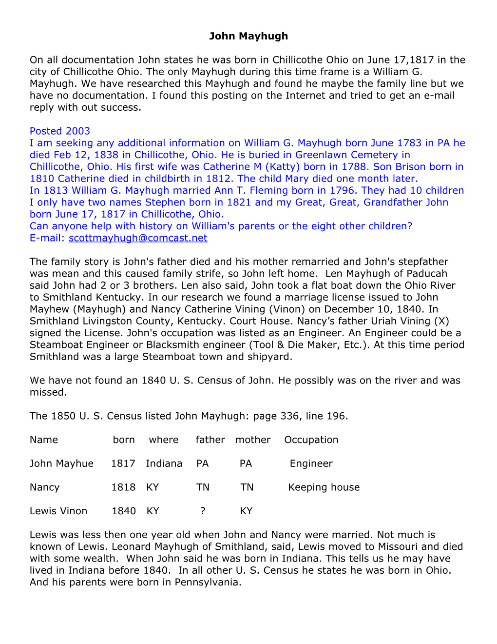 The 1850 U. S. Census Listed John Mayhugh: Page 336, Line 196