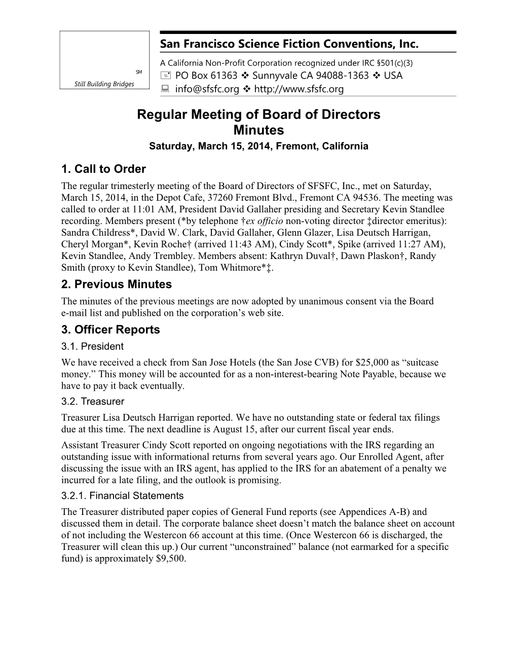 SFSFC Board of Directors Meeting Minutes