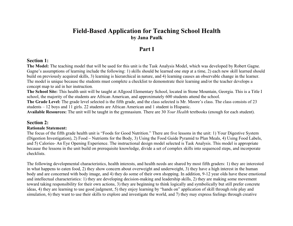 Field-Based Application for Teaching School Health