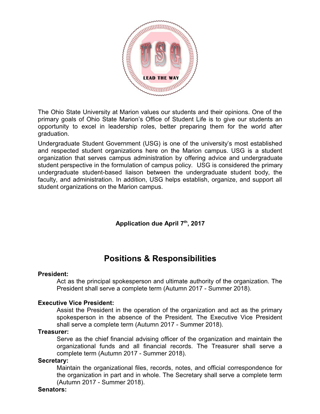 2017-2018 Undergraduate Student Government Application