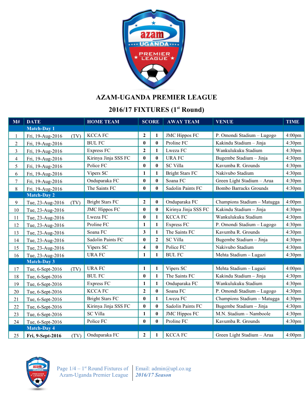AUPL Fixtures 2016-17 Season