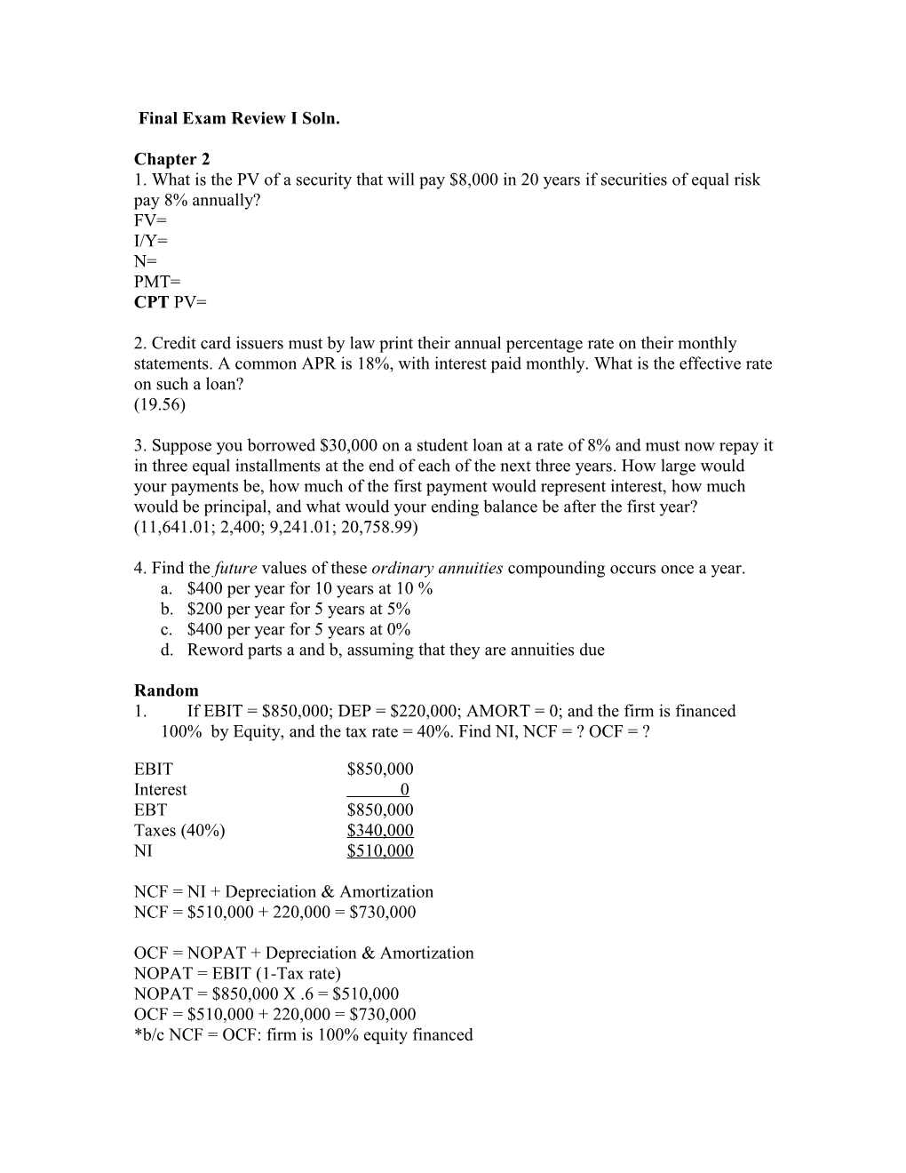 Final Exam Review I Soln