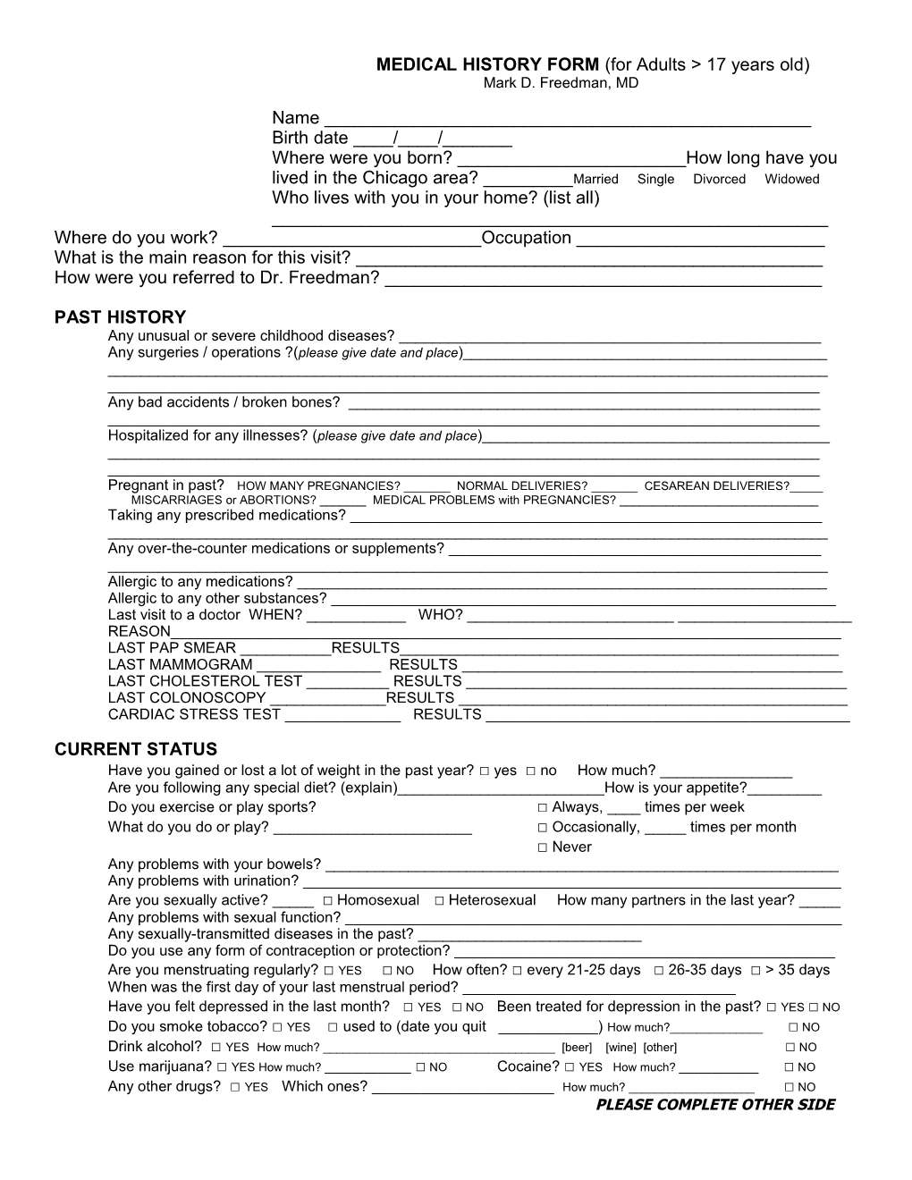 MEDICAL HISTORY FORM (For Adults 17 Years Old)