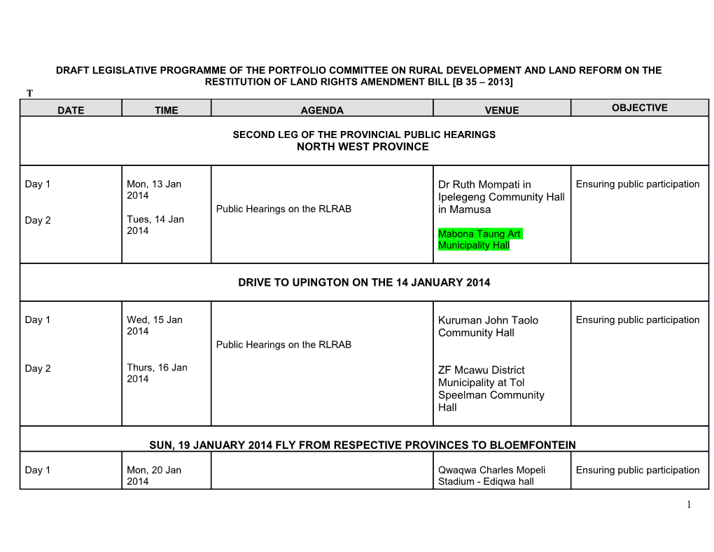 Draft Legislative Programme of the Portfolio Committee on Rural Development and Land Reform