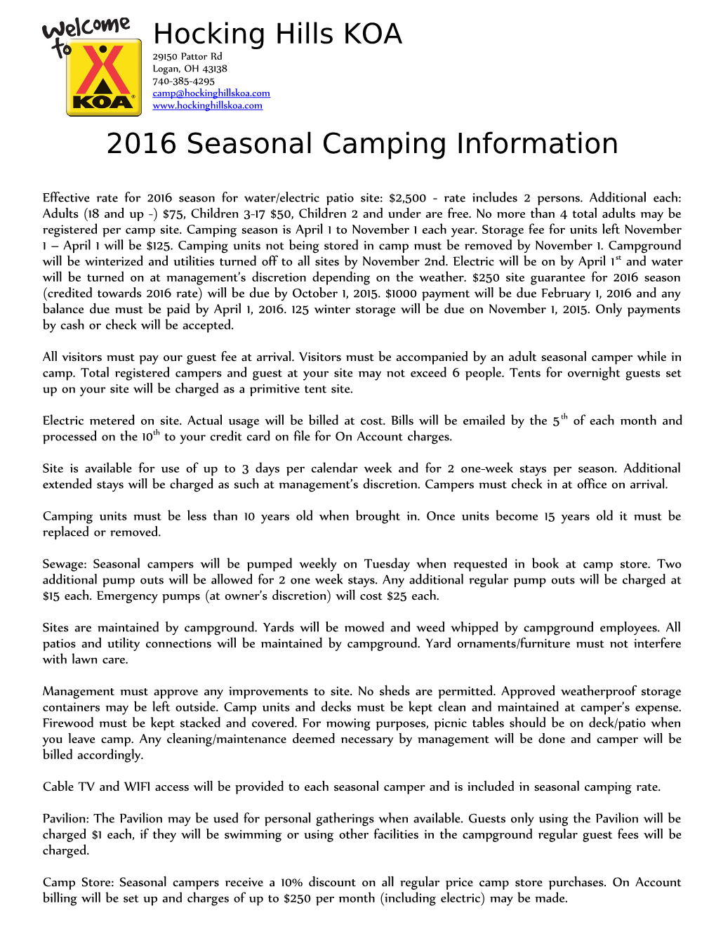Seasonal Camping Information