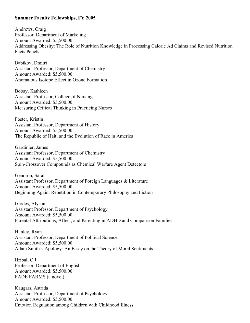 Summer Faculty Fellowships, FY 2005