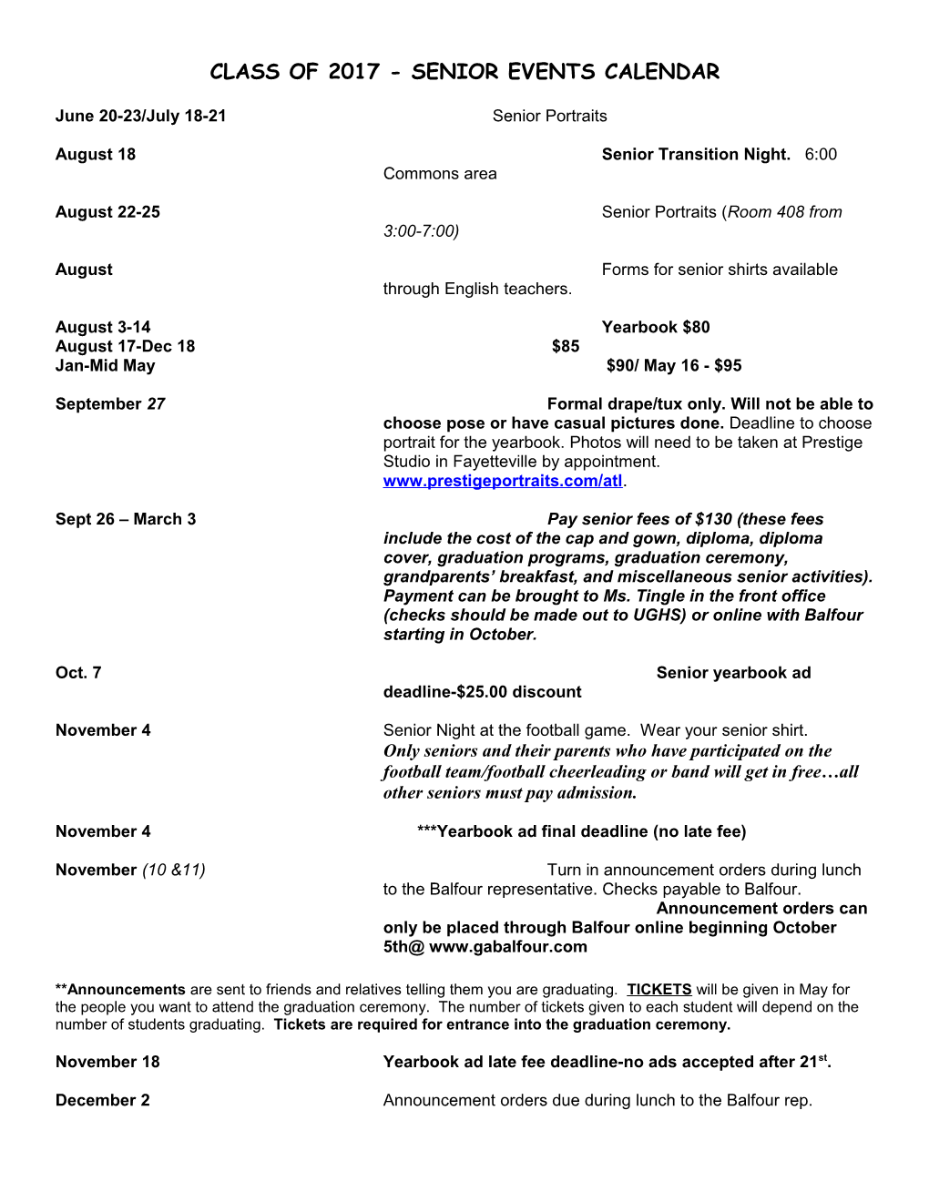 Class of 2002 - Senior Events Calendar