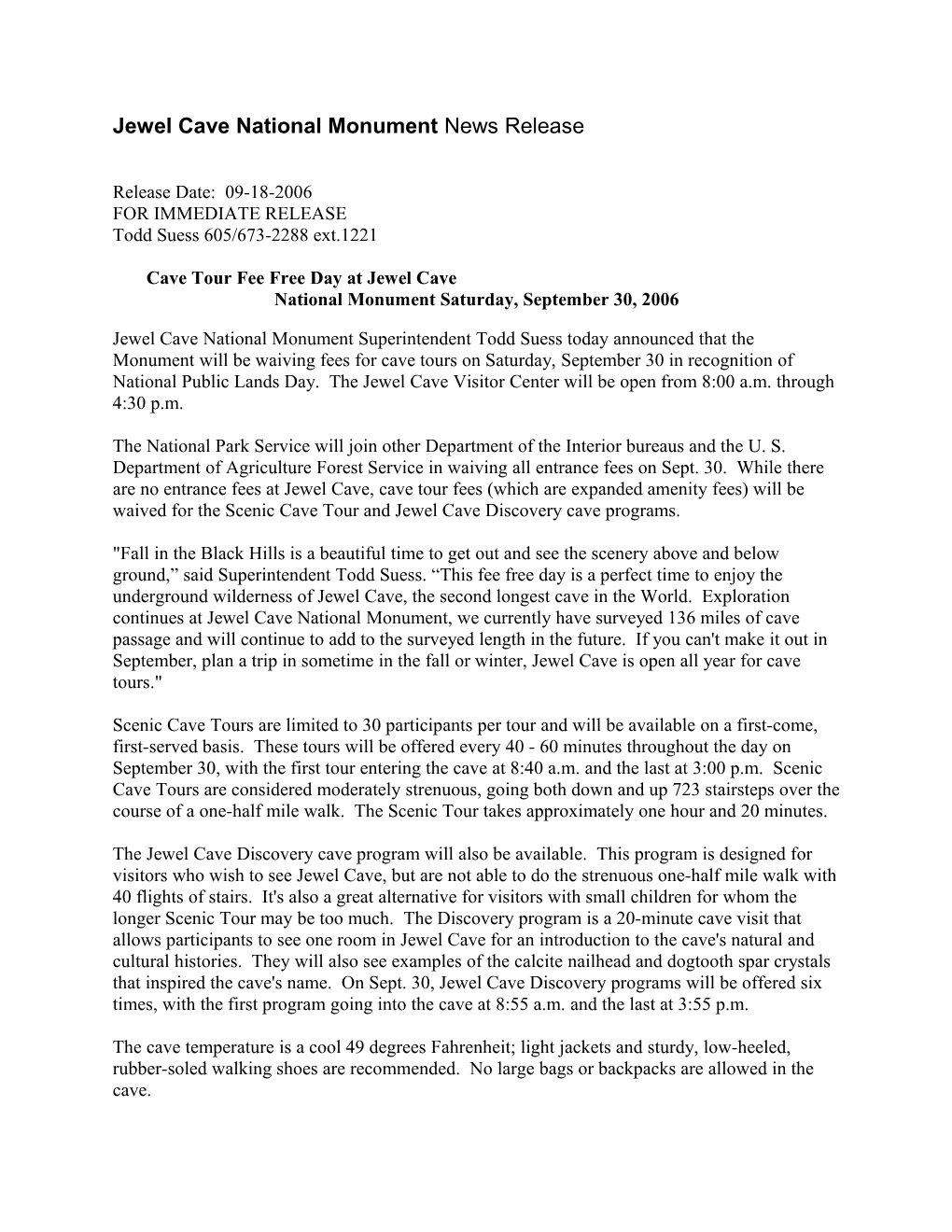 Jewel Cave National Monument News Release
