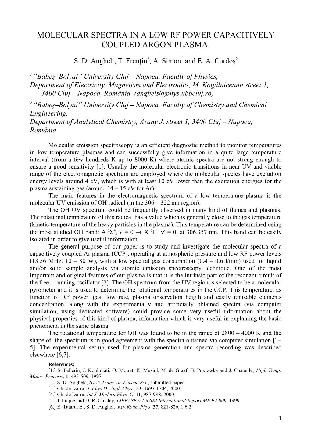 Molecular Spectra in a Low Rf Power Capacitively Coupled Argon Plasma