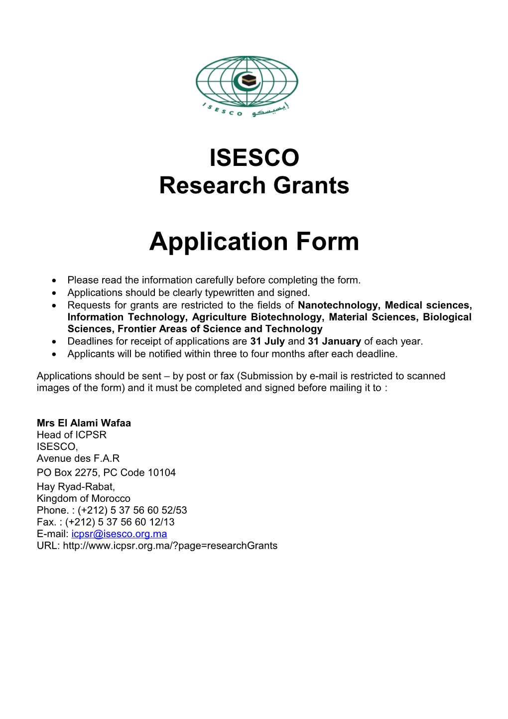 ISESCO-COMSTECH Joint Research Grants Proposal Form