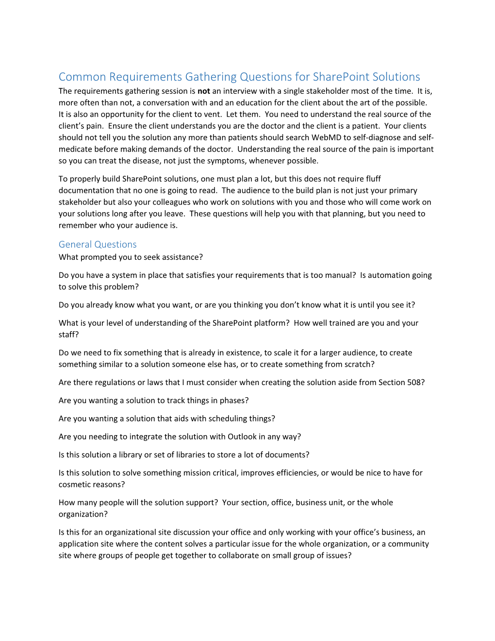 Requirement Gathering Questions for Sharepoint Solutions by Scott Brewster