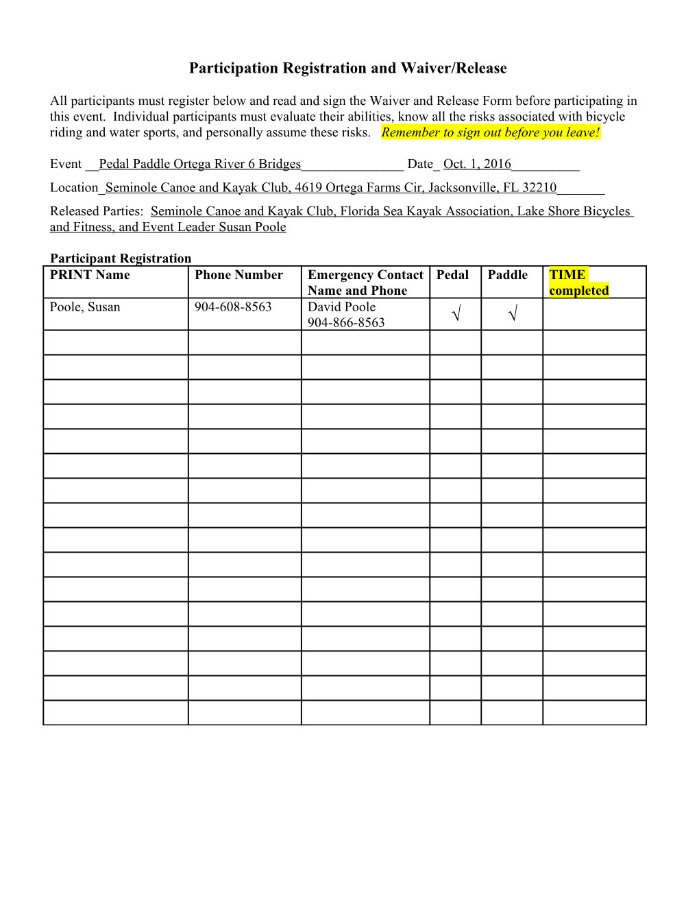 Participation Registration and Waiver/Release