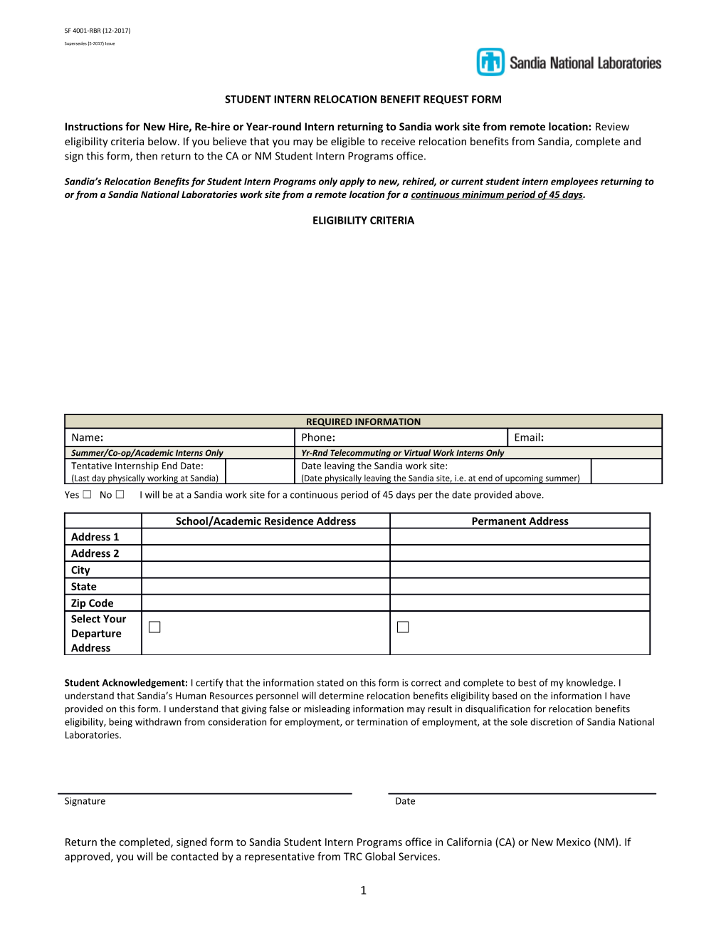 SF 4001-RBR; Student Intern Relocation Benefit Request Form;