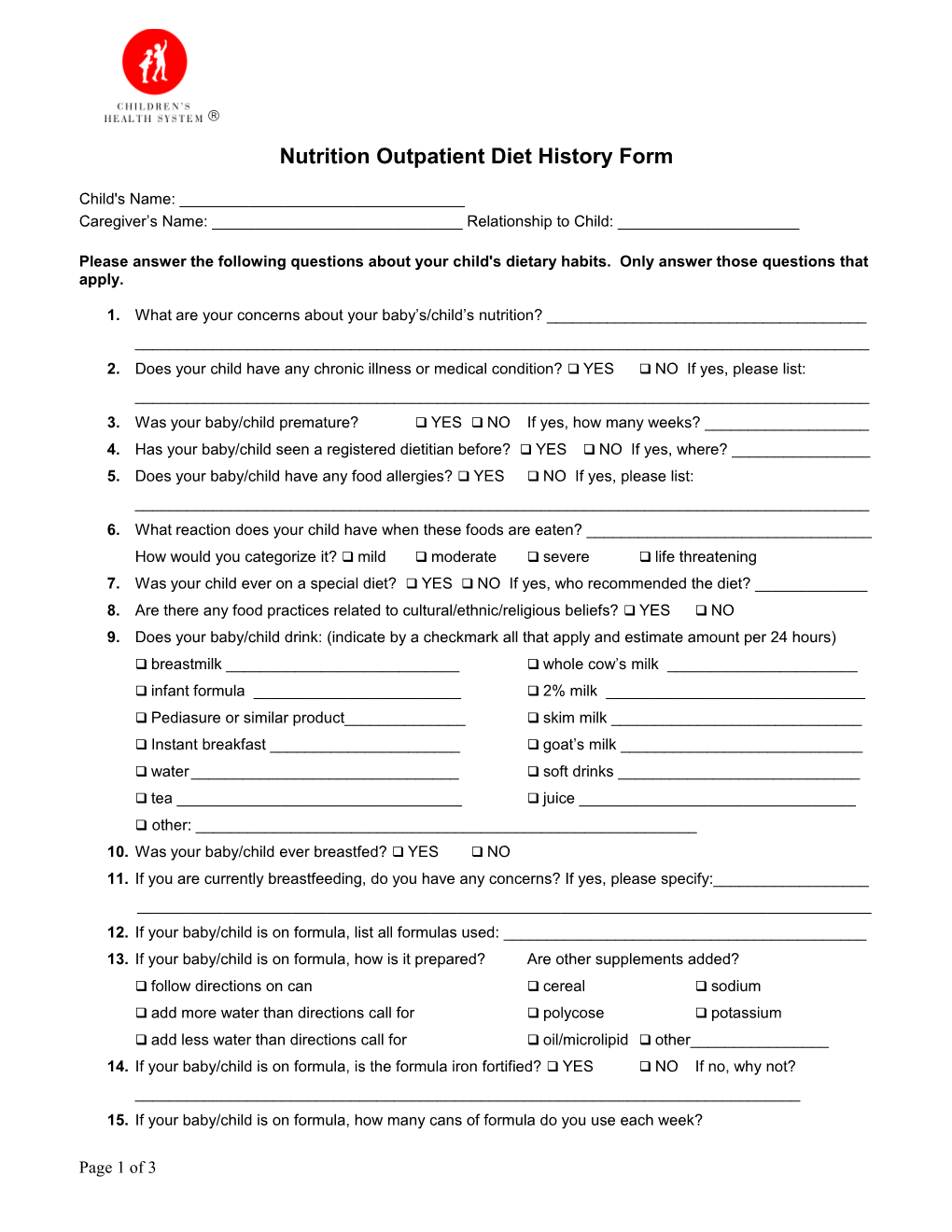 Pediatric Diet History Form