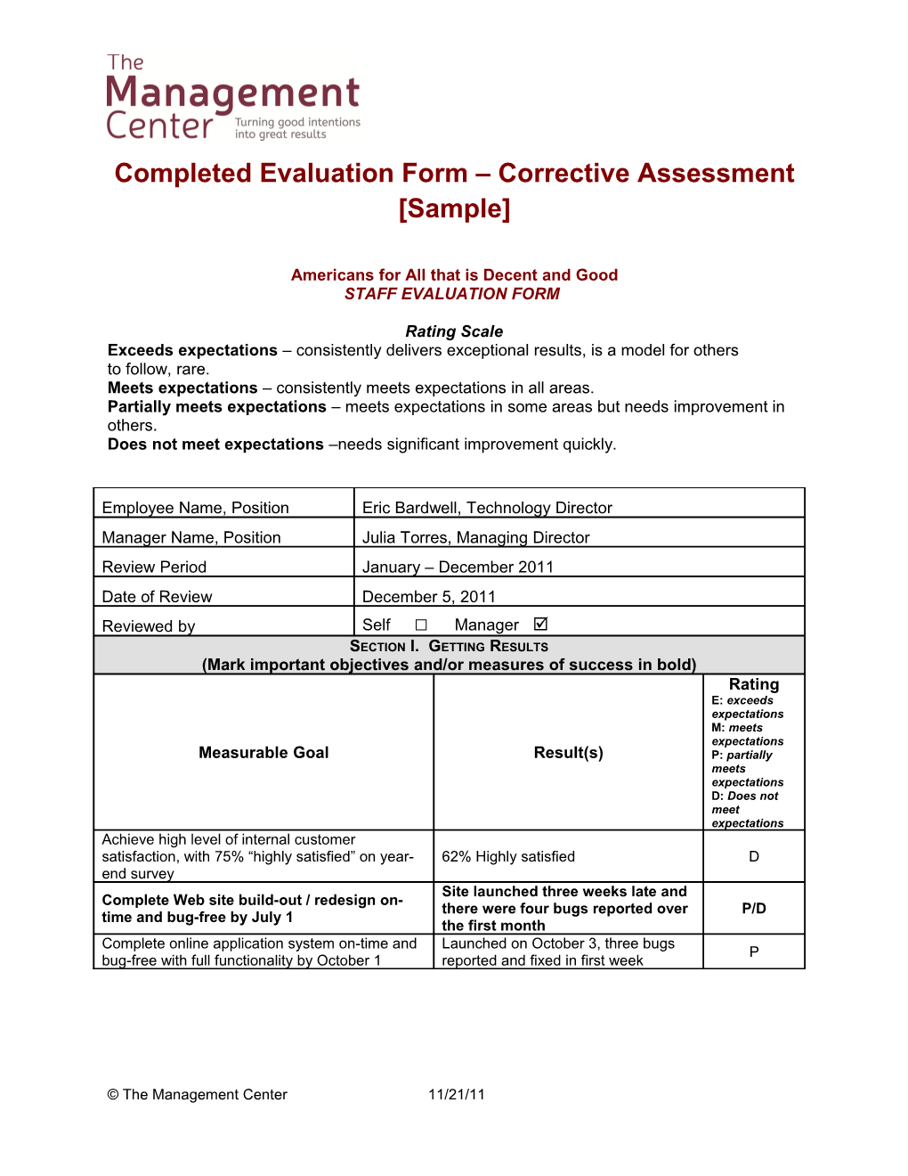 Completed Evaluation Form Corrective Assessment Sample