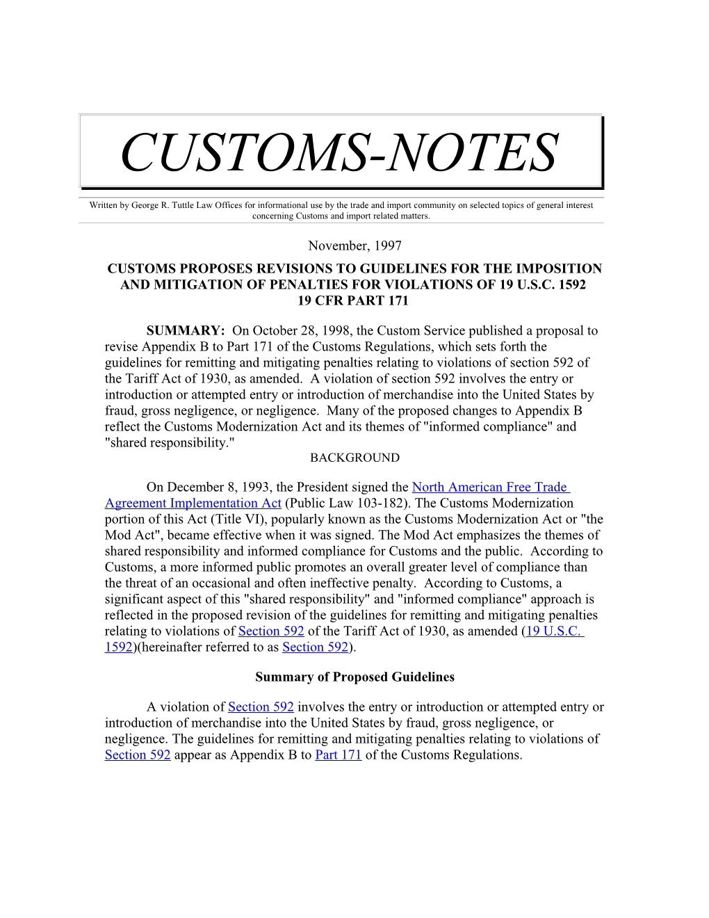 Customs-Notes George R. Tuttle Law Offices