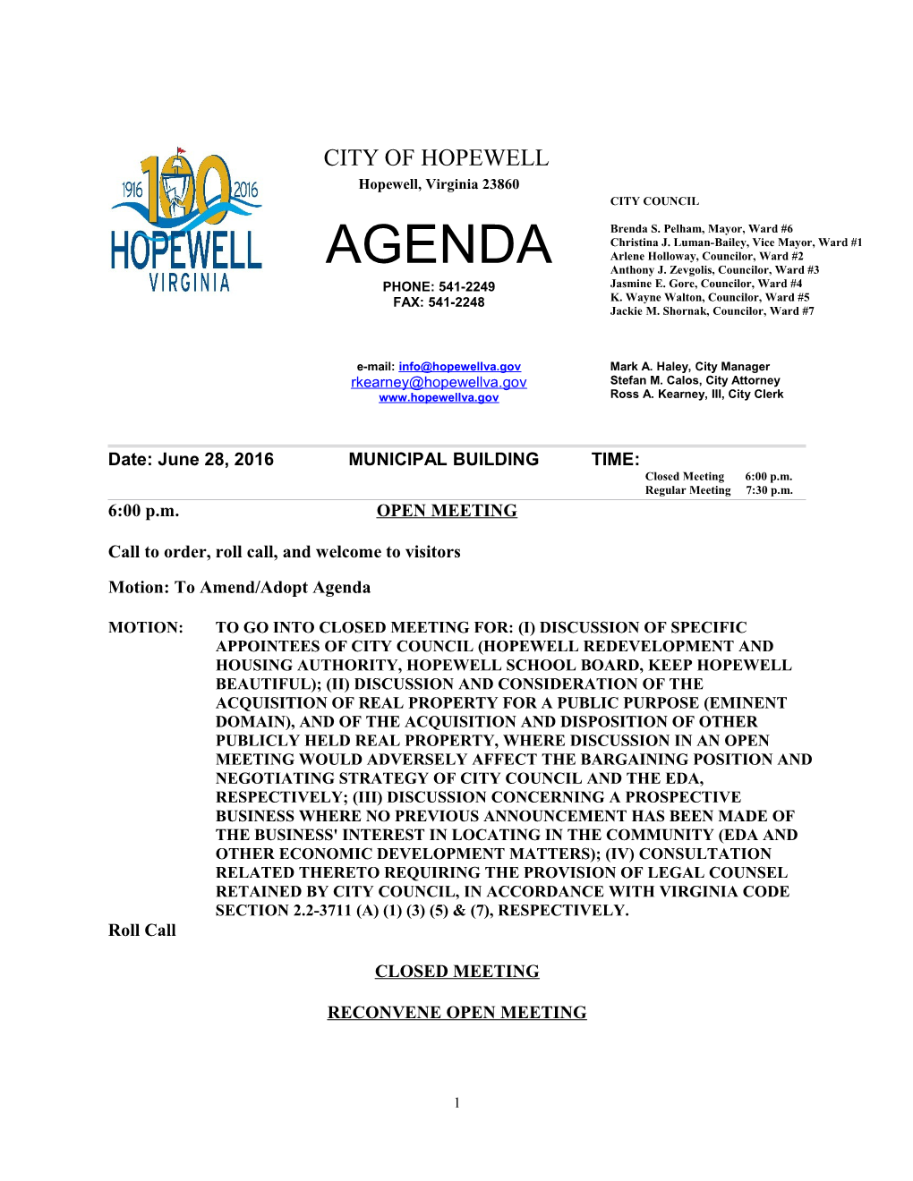 Agenda, 6/28/16 Council Meeting, Smc Redline 6/22/16 (W3415658;1)