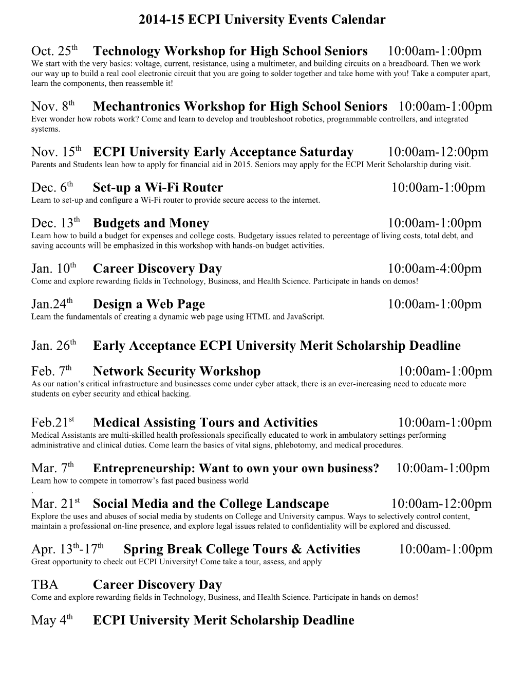 2014-15 ECPI University Events Calendar