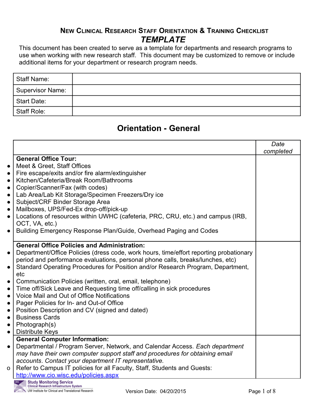 New Clinical Research Staff Orientation & Training Checklist