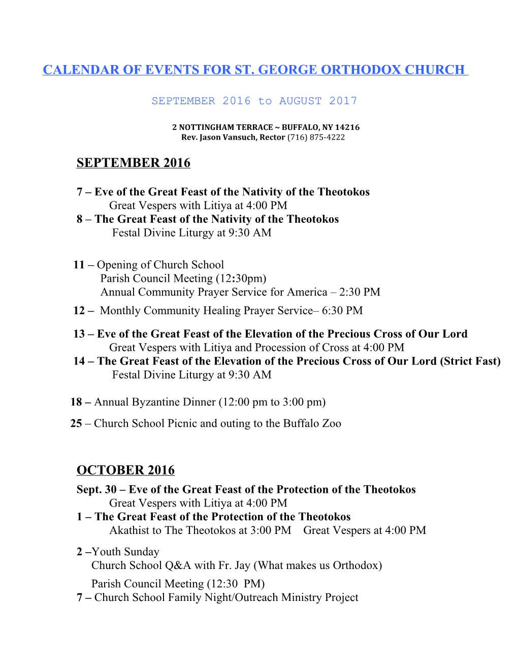 Calendar of Events for St. George Orthodox Church