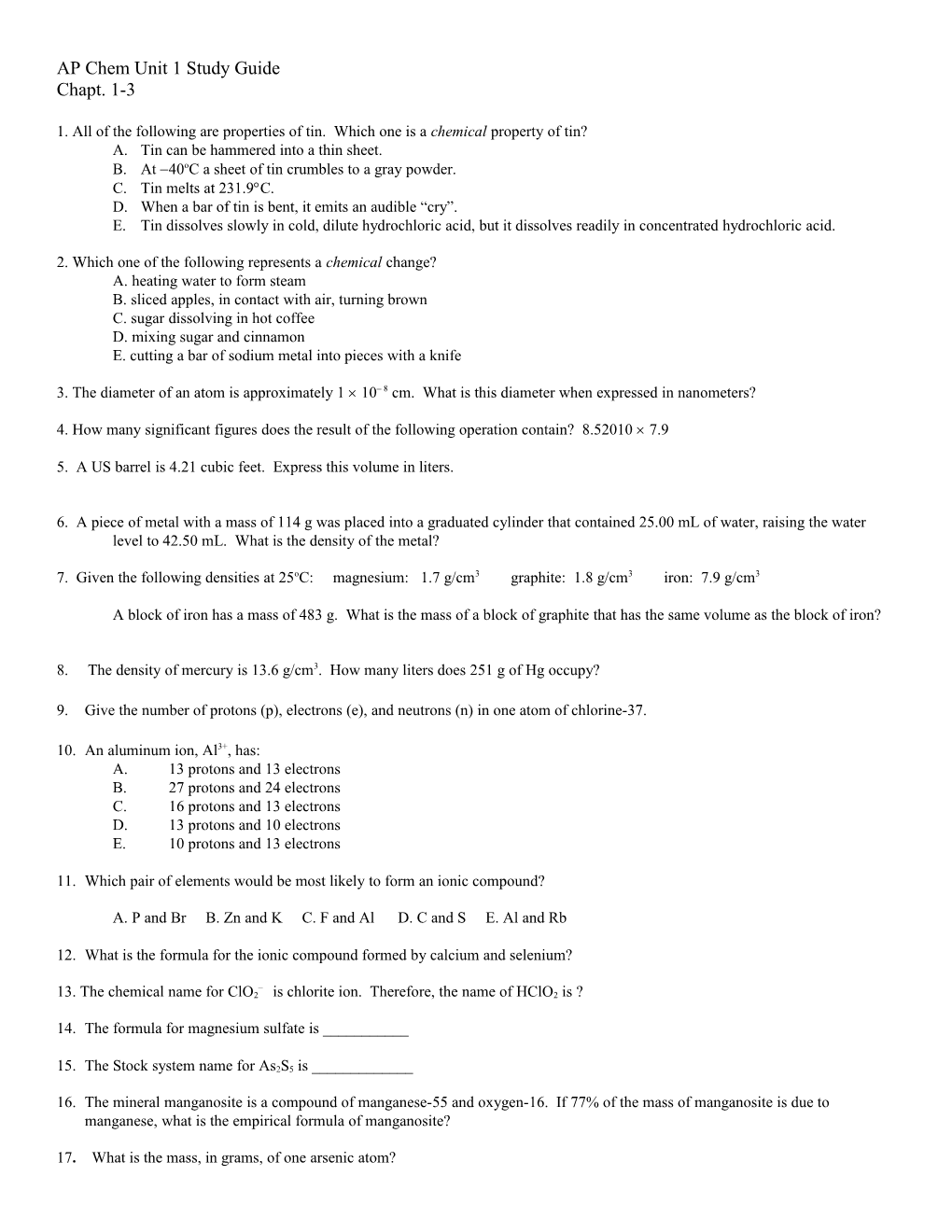 AP Chem Unit 1 Review