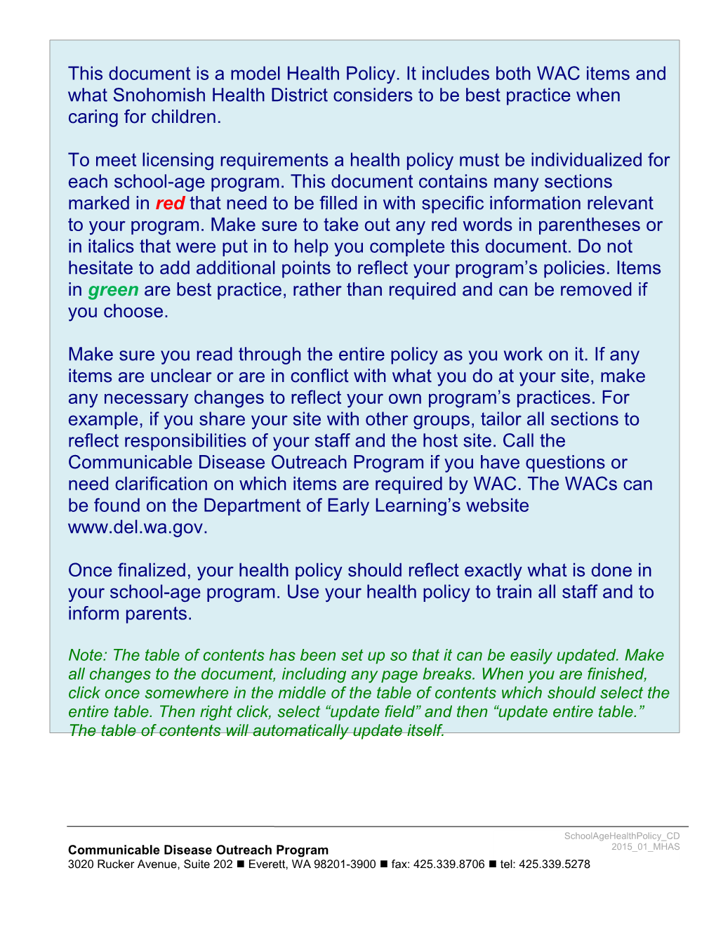 School Age Care Model Health Policy