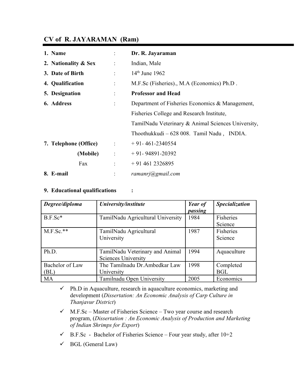 CV of R. JAYARAMAN (Ram)