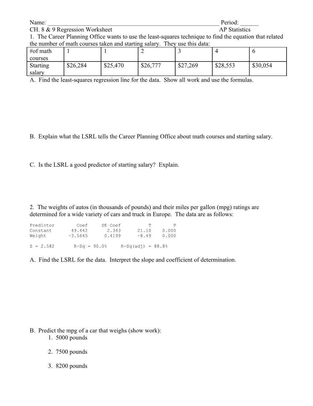 CH. 8 & 9 Regression Worksheetap Statistics