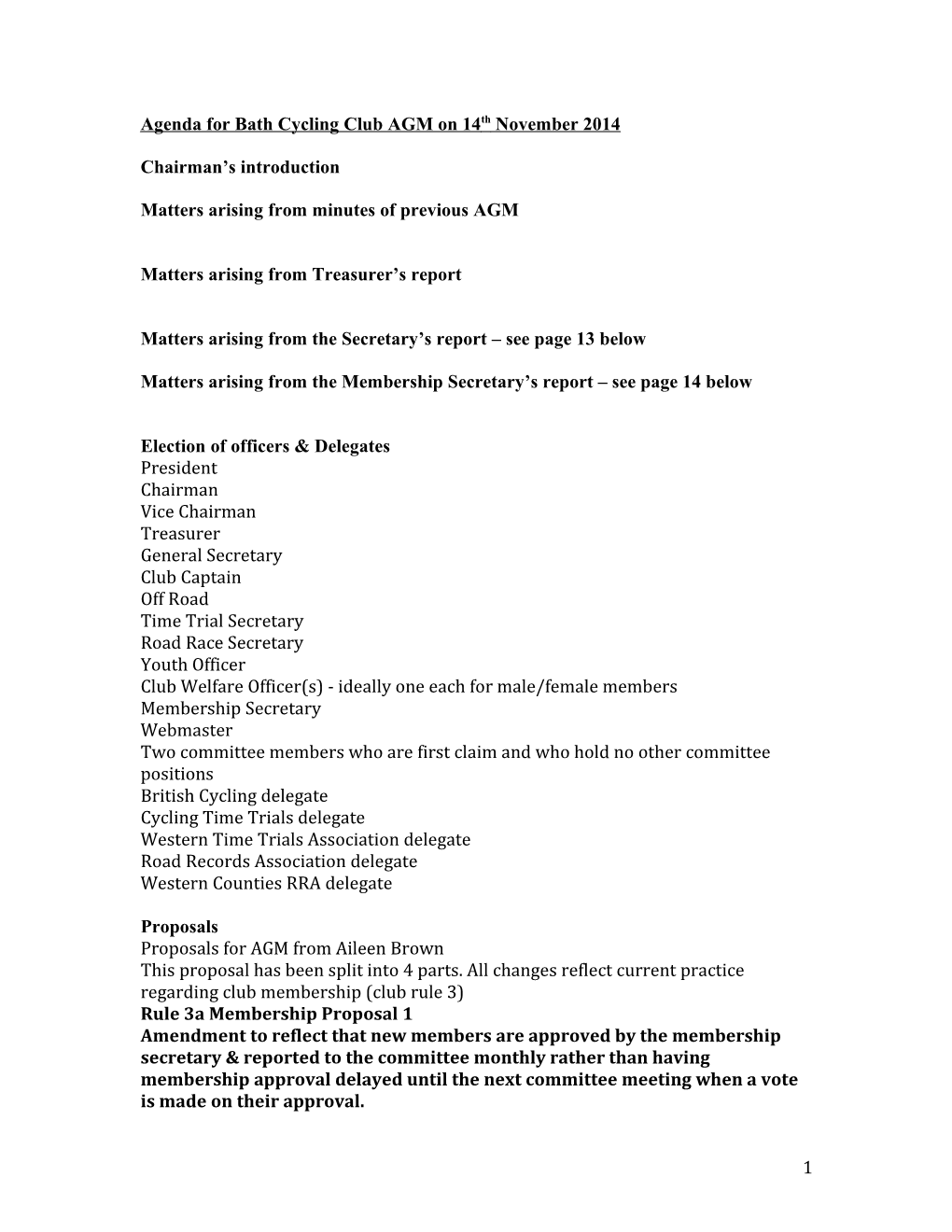 Agenda for Bath Cycling Club AGM on 14Th November 2014