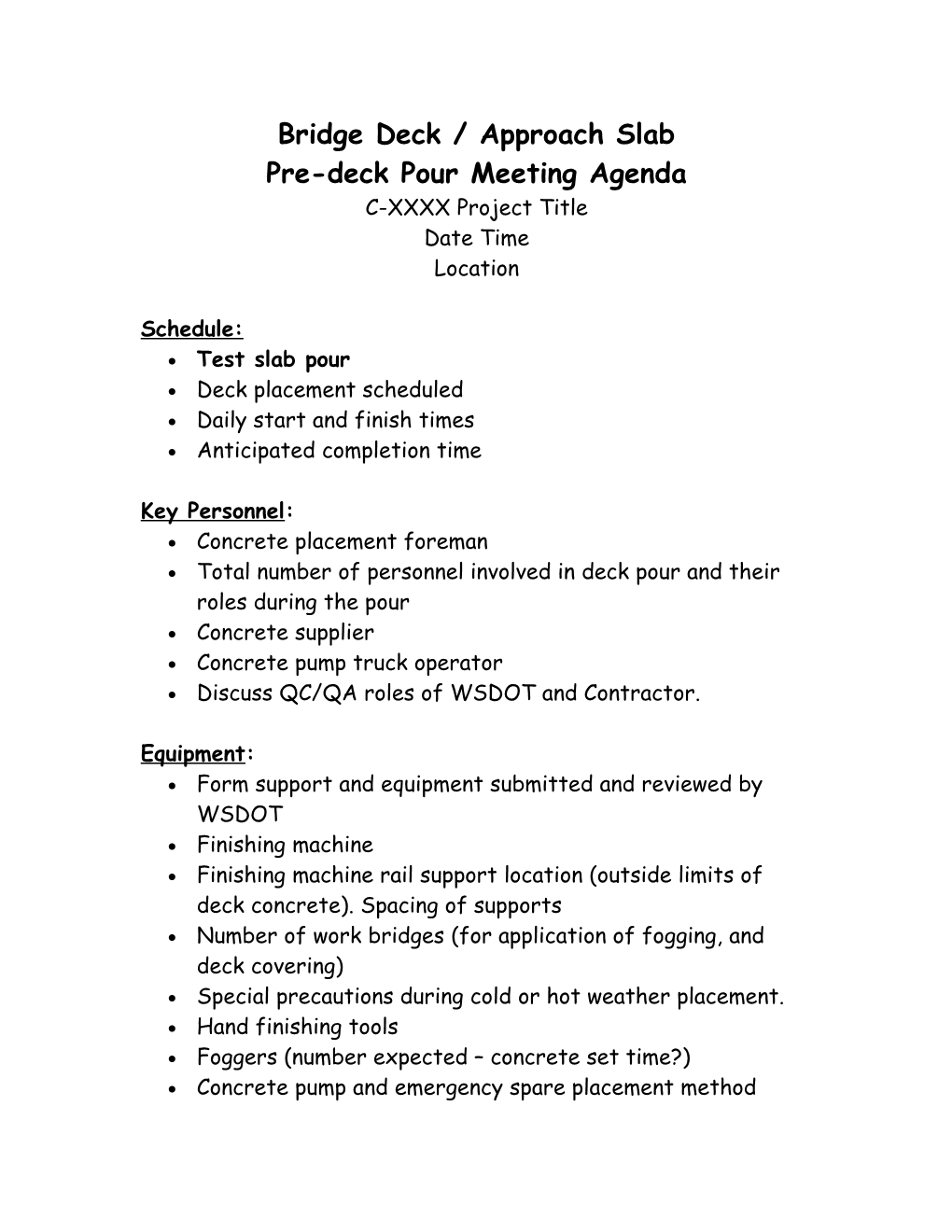 Sample Pre-Deck Pour Meeting Agenda