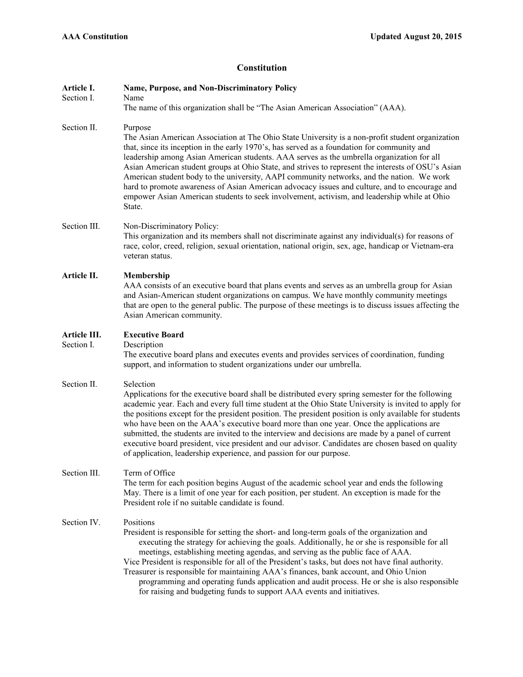 Article I. Name, Purpose, and Non-Discriminatory Policy