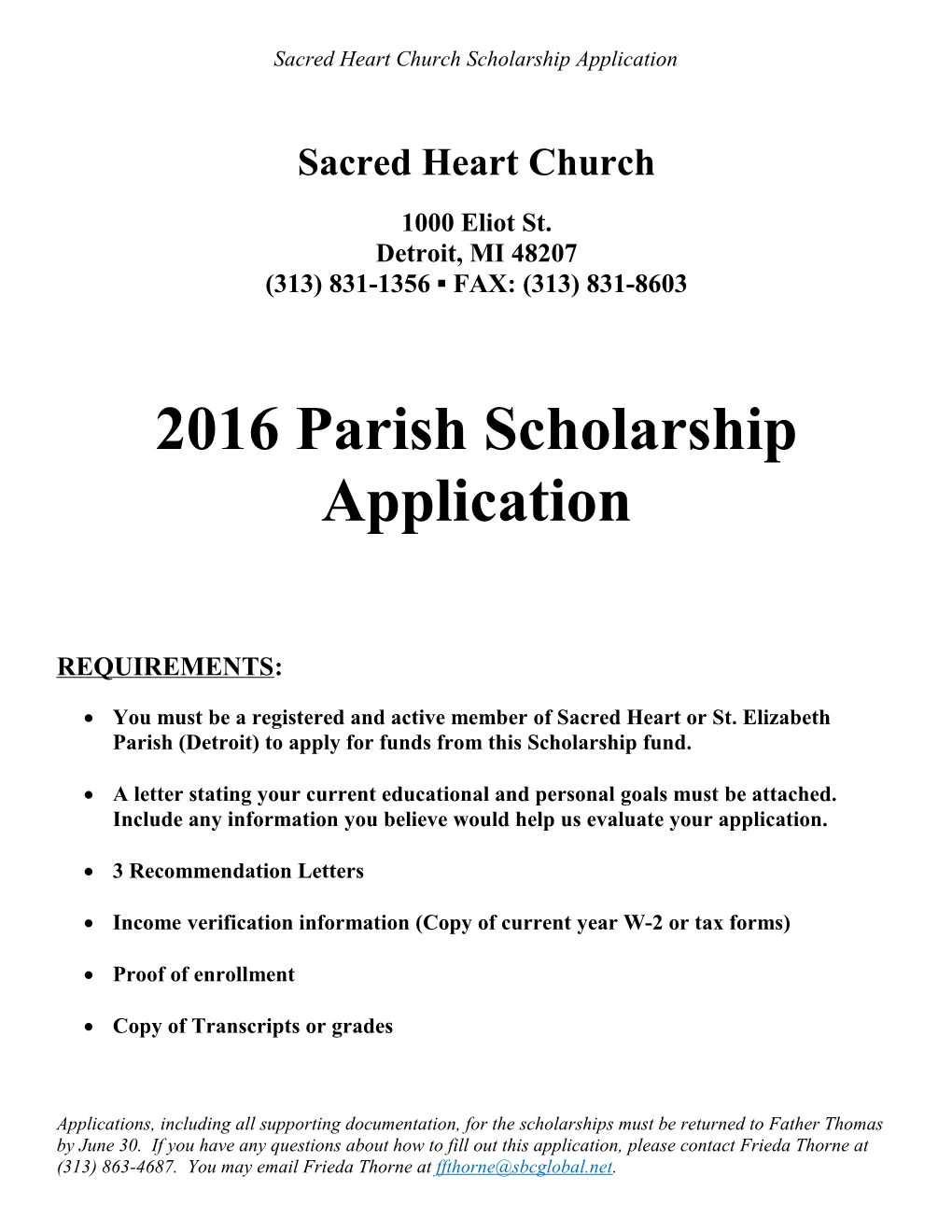 Sacred Heart Church Scholarship Application