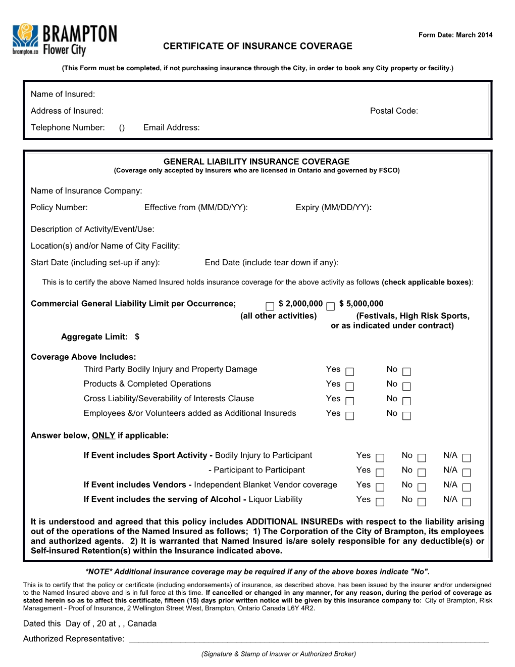 Facility Rental External Certificate of Insurance Coverage