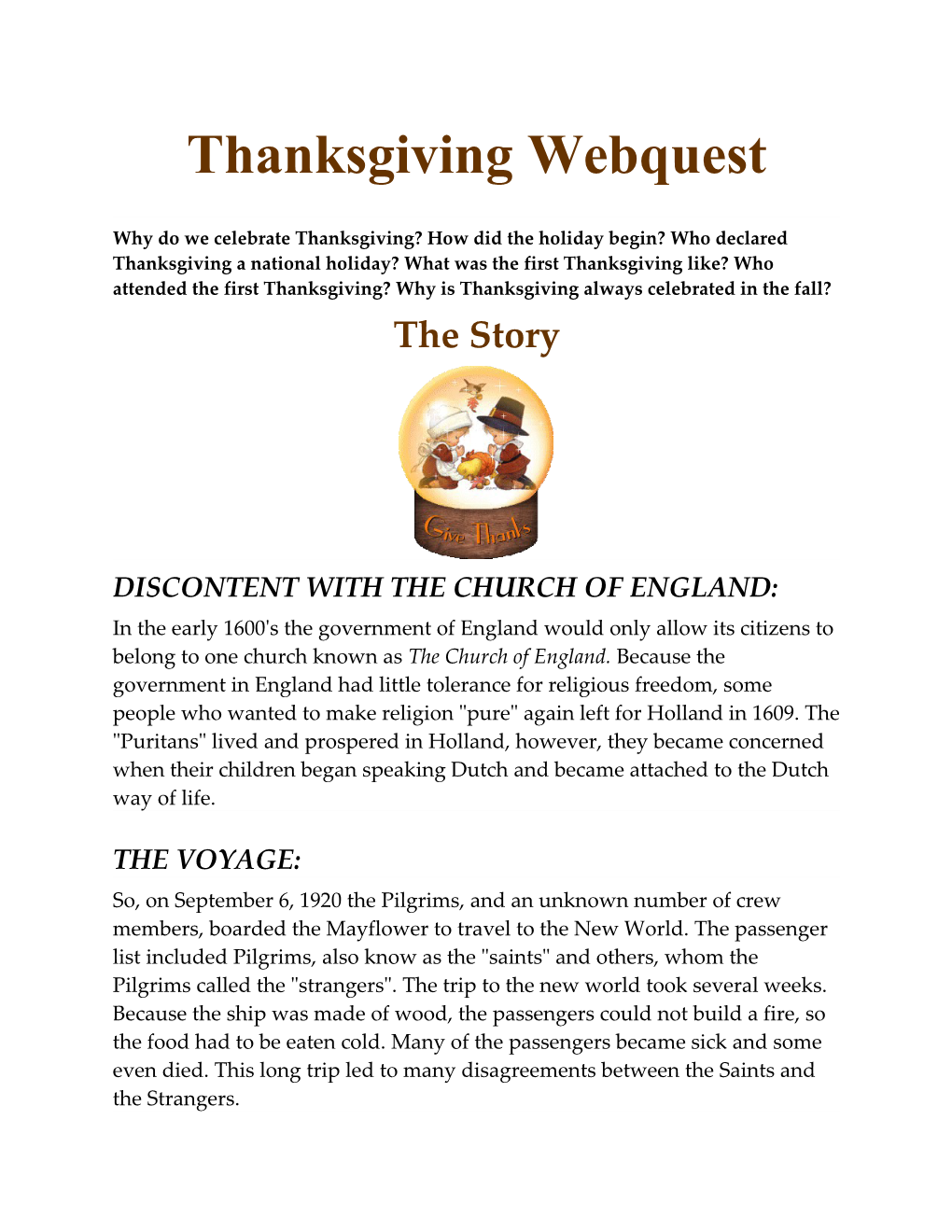 Thanksgiving Webquest