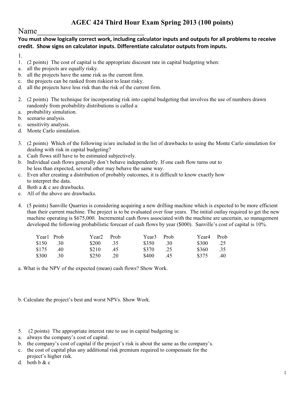 AGEC 424 Third Hour Exam Spring2013 (100 Points)